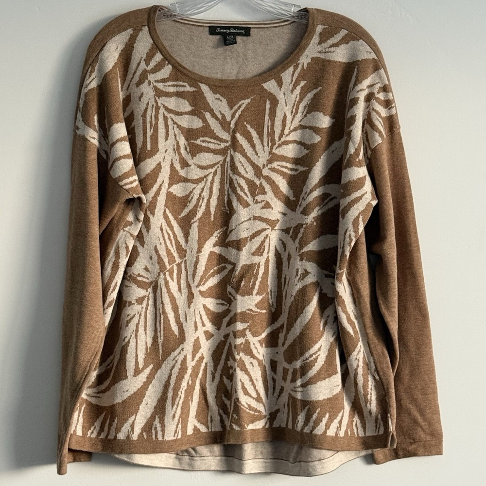 Tommy Bahama Sweater L Palm Print Cotton Beach Island Resort Natural Comfort